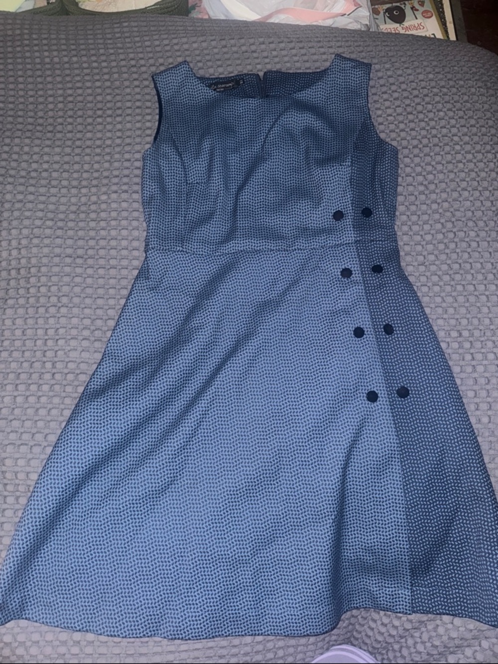 Sleeveless Textured Midi Dress with Side Button Detail in Blue
